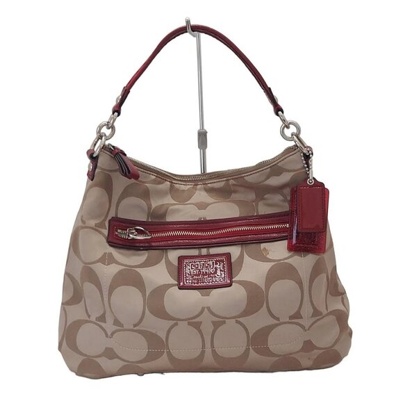 Auth COACH Daisy Poppy Signature Hobo F20064 Khaki Red Jacquard Patent Leather - Picture 1 of 12
